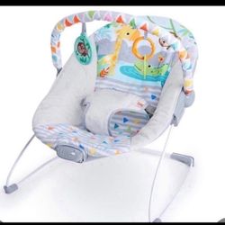 Bright Starts Safari Fun 3-Point Harness Vibrating Baby Bouncer With Toy Bar  open box item