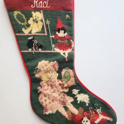 Unique Vintage Christmas Needlepoint Stocking "A Baby Girl Playing Toys"