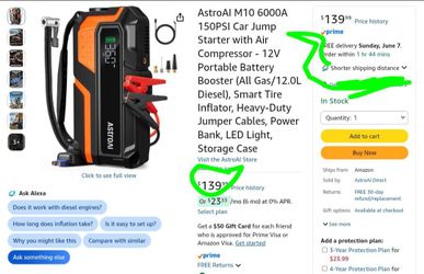 Car Jump Starter Air Compressor 12V Portable Battery Booster M10 6000A 150PSI DIESEL BRAND NEW