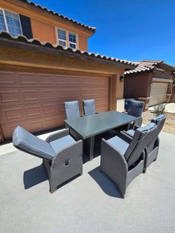Brand New, Premium Reclining 7-Piece Gray Rattan Outdoor Patio Dining Set