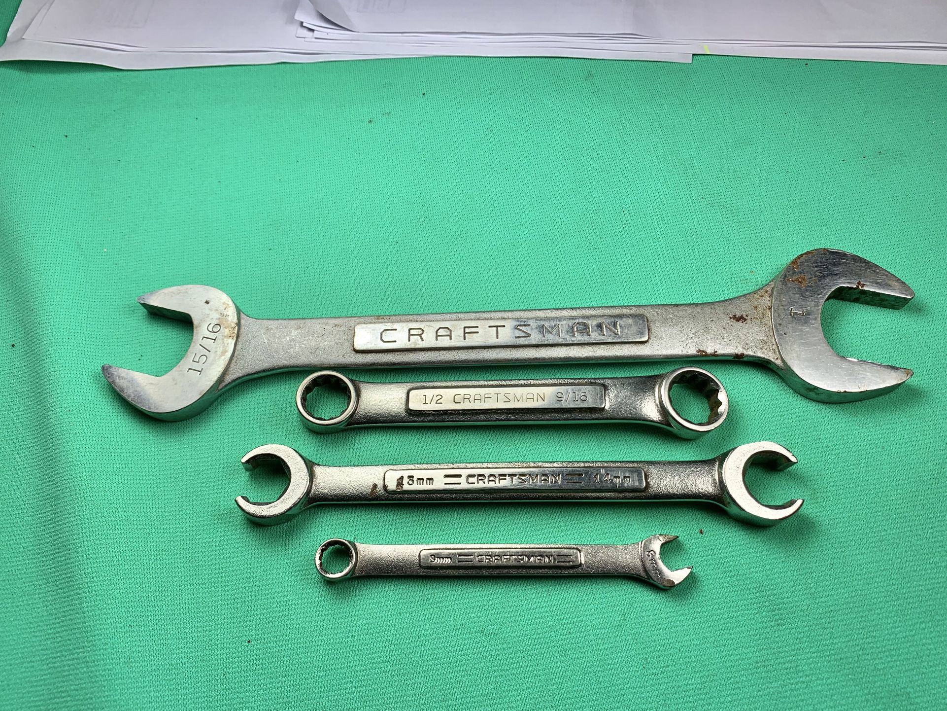 4 Craftsman Wrenches, 1”-15/16”, 1/2”-9/16”, 8mm Combo, 13mm-14mm Flare Nut Tool