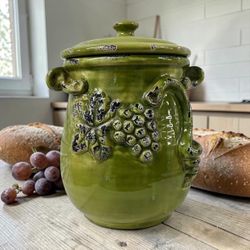 Roma Antica Hand Painted Green Ceramic Grape Jar Canister w Lid 11” Tuscan