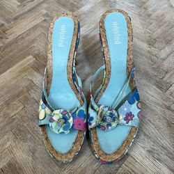 Y2K  turquoise and multicolored floral design heels.