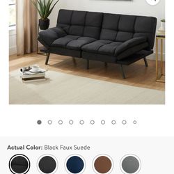 Futon. Black Suede, Arms Fold Flat For Sleeping 