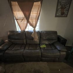 Three seat, leather reclining couch