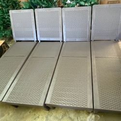 Set of 4 Outdoor Chaise Lounge Chairs – $100 (Total for 4)  Relax in style with this set of 4 matching outdoor chaise lounge chairs. 	•	Durable resin/
