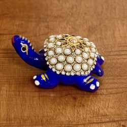Blue Glass Lucky Feng Shui Turtle With Pearls & Stones -