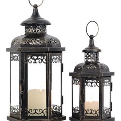 Large Lantern Decorative Outdoor & Indoor, Set of 2 Metal Candle Lanterns Decor, Vintage New