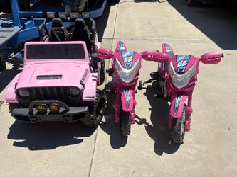 Kids Pink Ride-On Jeep and Two Motorcycles