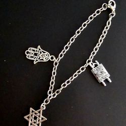 UNIQUE ORIGINAL DESIGNER CREATED JUDAISM SYMBOLIC  SILVER CHARM 7"NEW BRACELET
