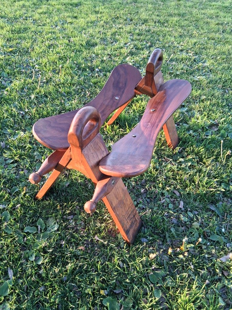 LππK! -- Vintage Egyptian African Camel Saddle Stool Camel Saddle Stool Foot Rest Mahogany Brass Inlay...asking $50.00