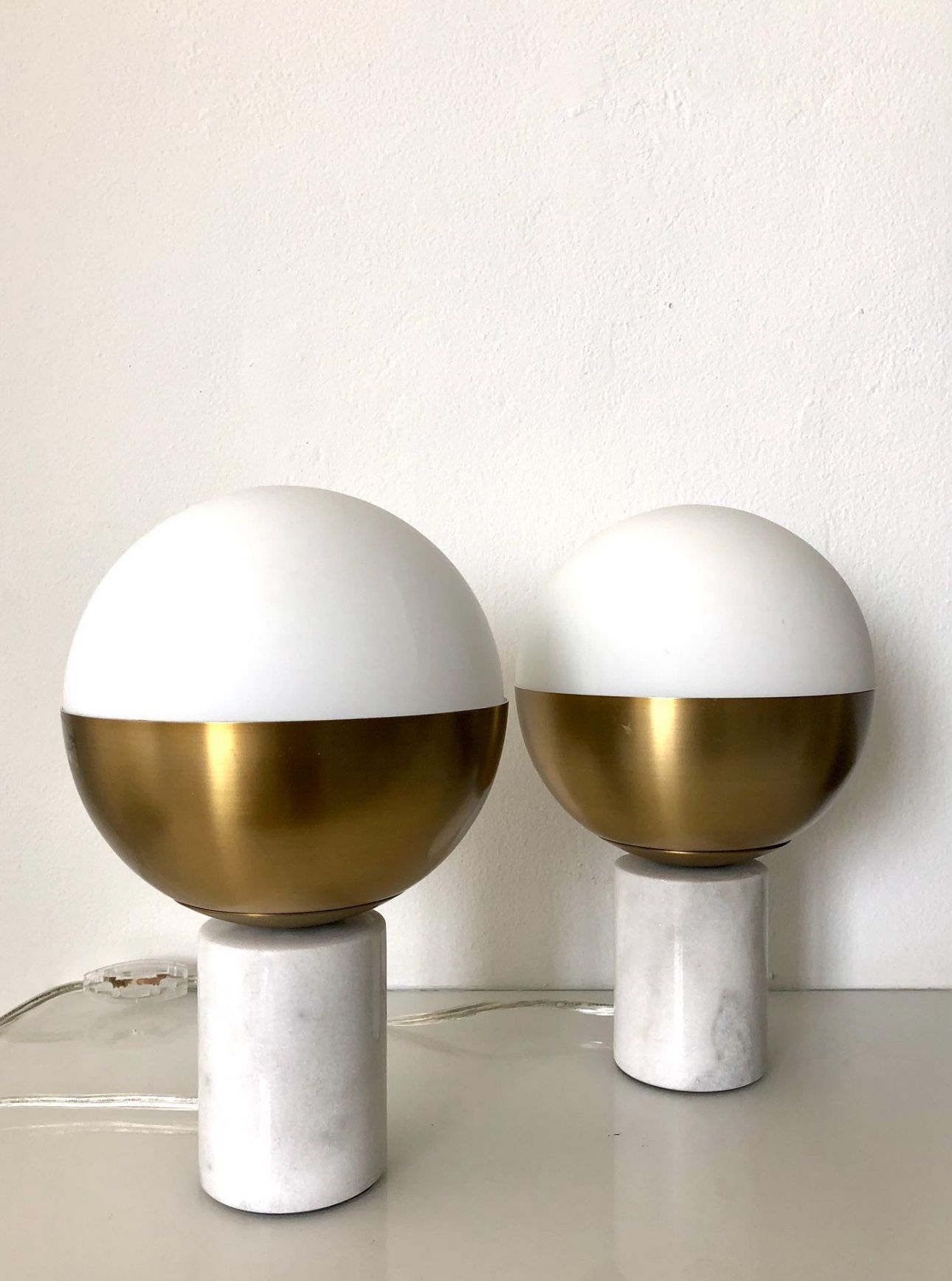 Mid Century / Vintage Globe Table Lamp, Soft Light, Brass and Marble Base - Pair