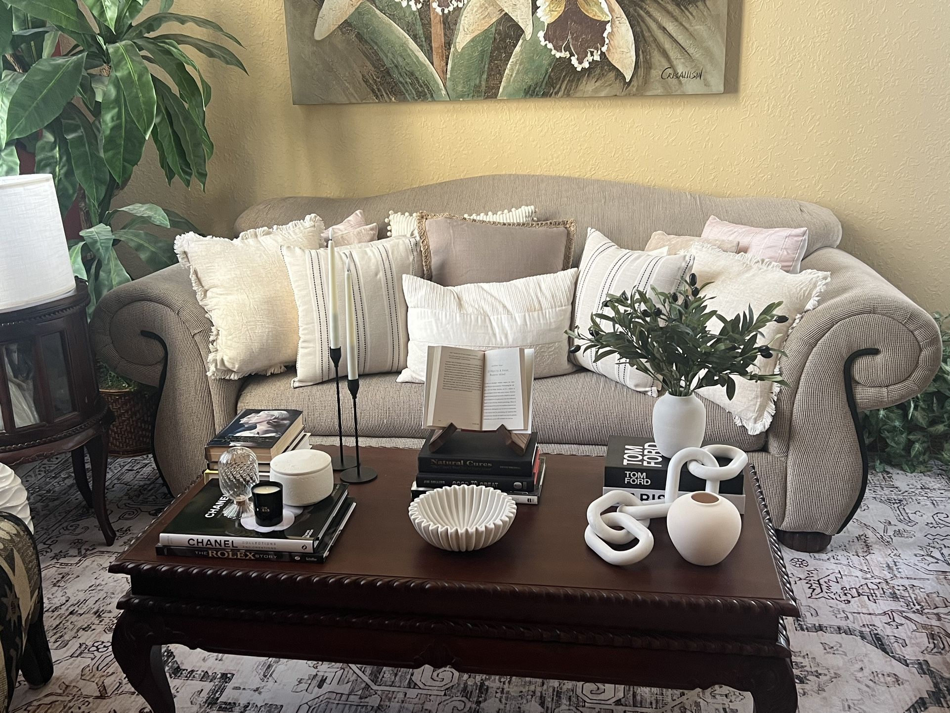 Large 91” Tan Sofa With French Black  Accents - Pillows Not Included
