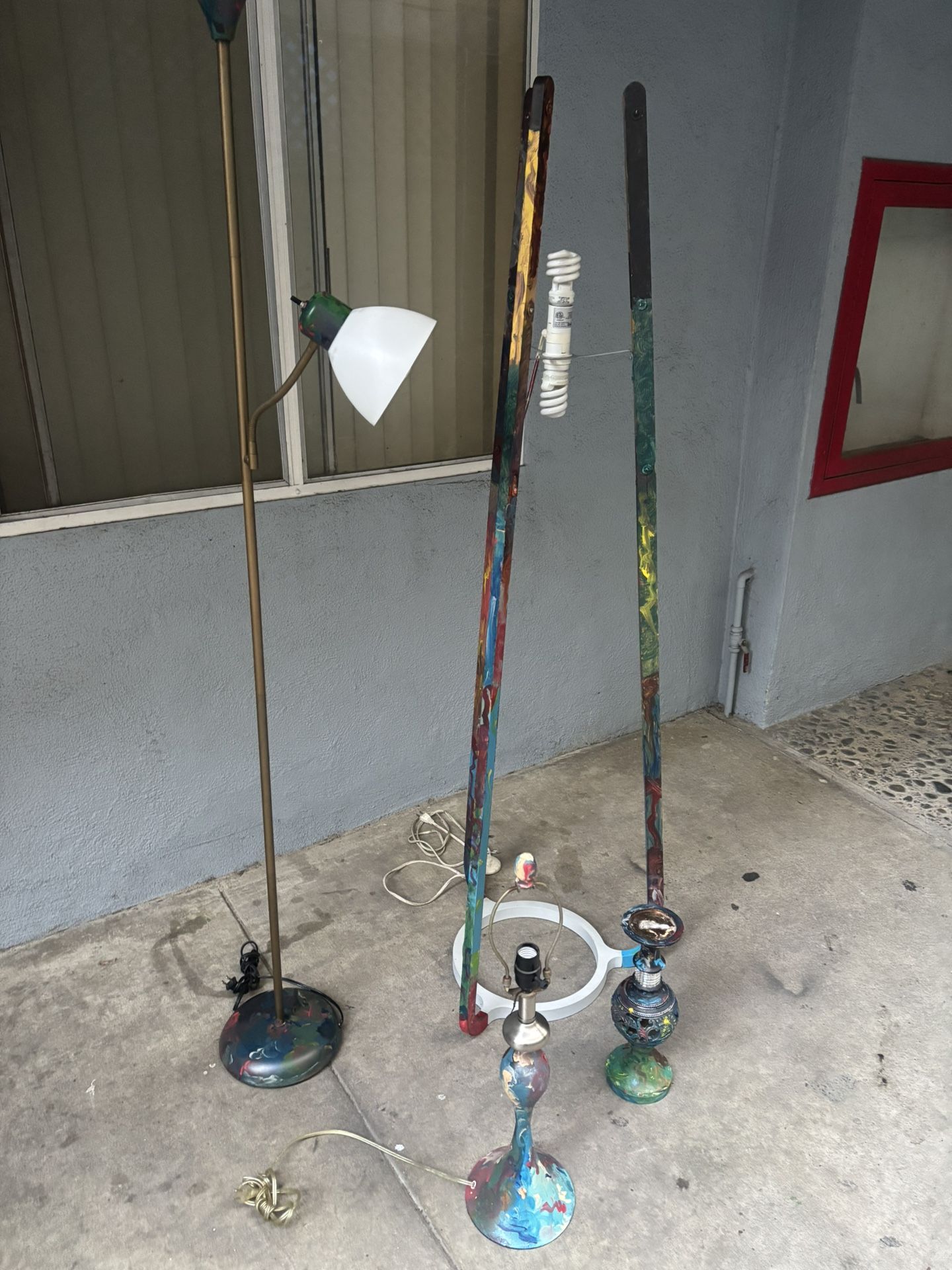 Three Hand Painted Lamps And Candle Holder 