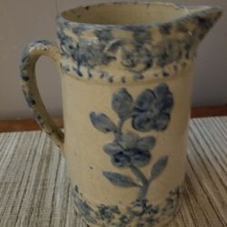 Antique 19th C. Primitive Country Blue & White Rose Spongeware, Stoneware Pitcher