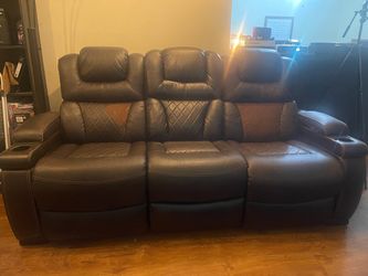 Brown Leather Reclining Sofa with Cup Holders