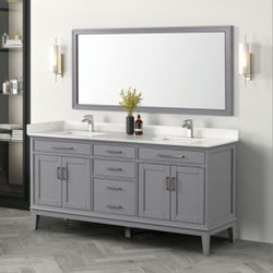 Brand  New White Gray 72" Bathroom Vanity Set With Mirror With Double Sink 