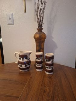 Vintage Hand-Painted Pottery Pitcher & 2 Matching Tumblers – Brown & Cream Folk Art Set