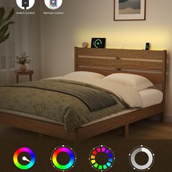 Full Bed Frame with Headboard, LED Lights, and Charging Station, Mid-Century Modern Platform Bed, Solid Wood Legs and Slats, No Box Spring Needed,