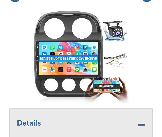 The product is a car radio designed specifically for Jeep Compass and Patriot models from 2010 to 2014. It is an interior part that allows users to en