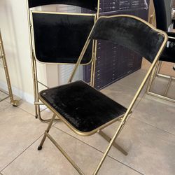 A Fritz & Co Midcentury Vintage Black Velvet and Brass Folding Chairs