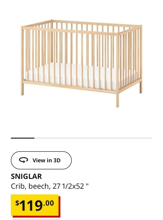 IKEA SNIGLAR Crib, Baby Bed, With Mattress