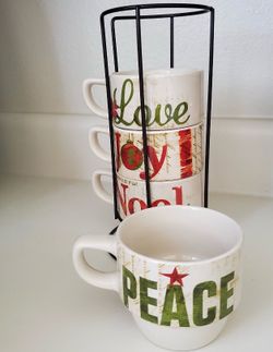 Pier 1 Christmas Stacking Coffee Mugs Peace Love Joy Noel