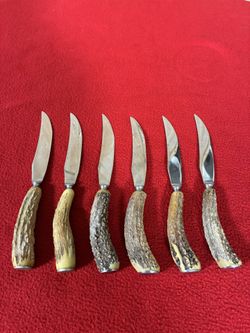 🏷️ Title Options • Vintage Genuine Stag Horn Steak Knives - Set of 6 • Rustic Antler Handle Steak Knife Set (6 Pieces) - Vintage