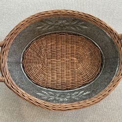 Tin and Woven Bread Basket Embossed Flowers Storage Serving w/ Handles