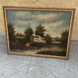 Giant Vintage G. Closson English Cottage Canvas Framed Painting, 51” X40”, $55