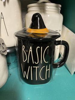 Rae Dunn Halloween mugs with toppers