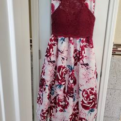 Wine Red Halter Top With  Floral Printed Skirt Prom Dress