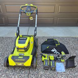 New Ryobi 21 Inch Self Propelled Cordless 40 Volt Brushless Lawn Mower  & Mulcher Two New 6ah Battery & Charger 18 Volt Screwdriver, Battery, & Charge