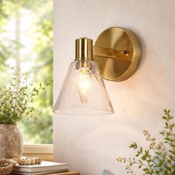 Gold Wall Sconce, Modern 1-Light Bathroom Light Fixtures with Seeded Glass Shade