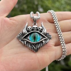 Gothic Mens Punk Evil Eye Skull Pendant Necklace Women Stainless Steel