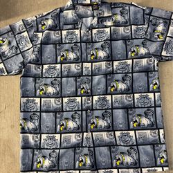 Grey and black Dog graphic button up shirt size XL missing button