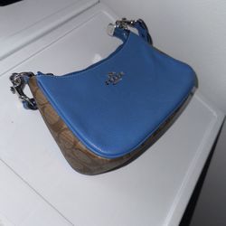 coach shoulder bag, blue and brown