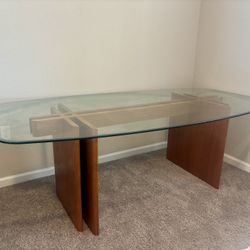 1970s Gustav Gaarde ~ Teak Fishbone Dining Table Beveled Glass