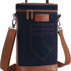 Wine Carrier Tote Bag - 2-Bottle Insulated Cooler with Divider, Front Pocket, Padded Shoulder Strap, Waterproof Material