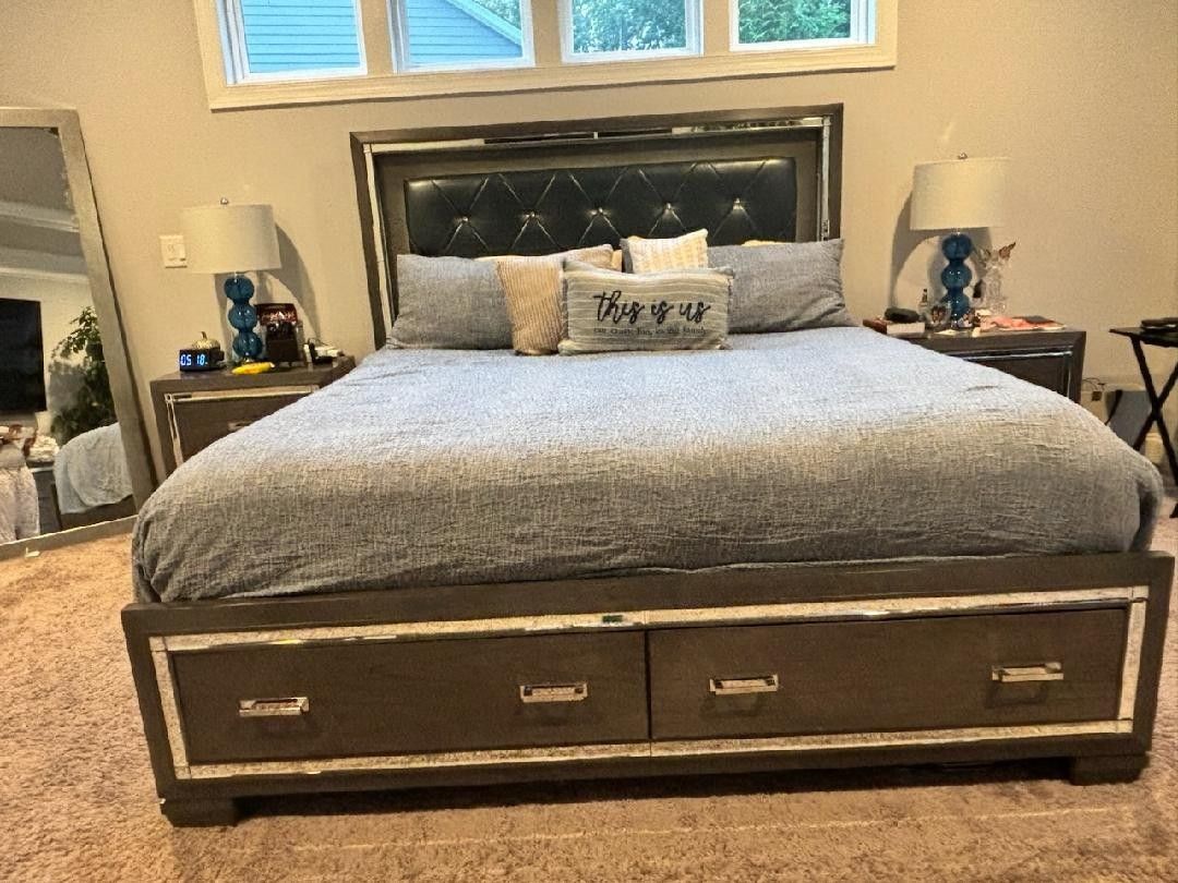 ALL MUST GO AS SET By OCT 29TH- King Bedroom Set 2 Night Stands And Dresser A Chair An 6ft Mirror Bundle