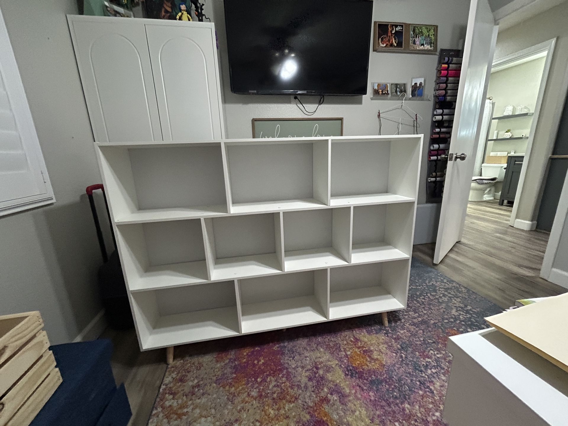 Wooden Open Shelf Bookcase - 3-Tier Floor Standing Display Cabinet Rack with Legs, 10 Cubes Bookshelf, Warm White