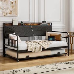 Twin Daybed with Trundle and USB Ports, Black Metal Frame Sofa Daybed with Headboard Shelf, Rustic Design for Guest Room Brand new, still in the box ?
