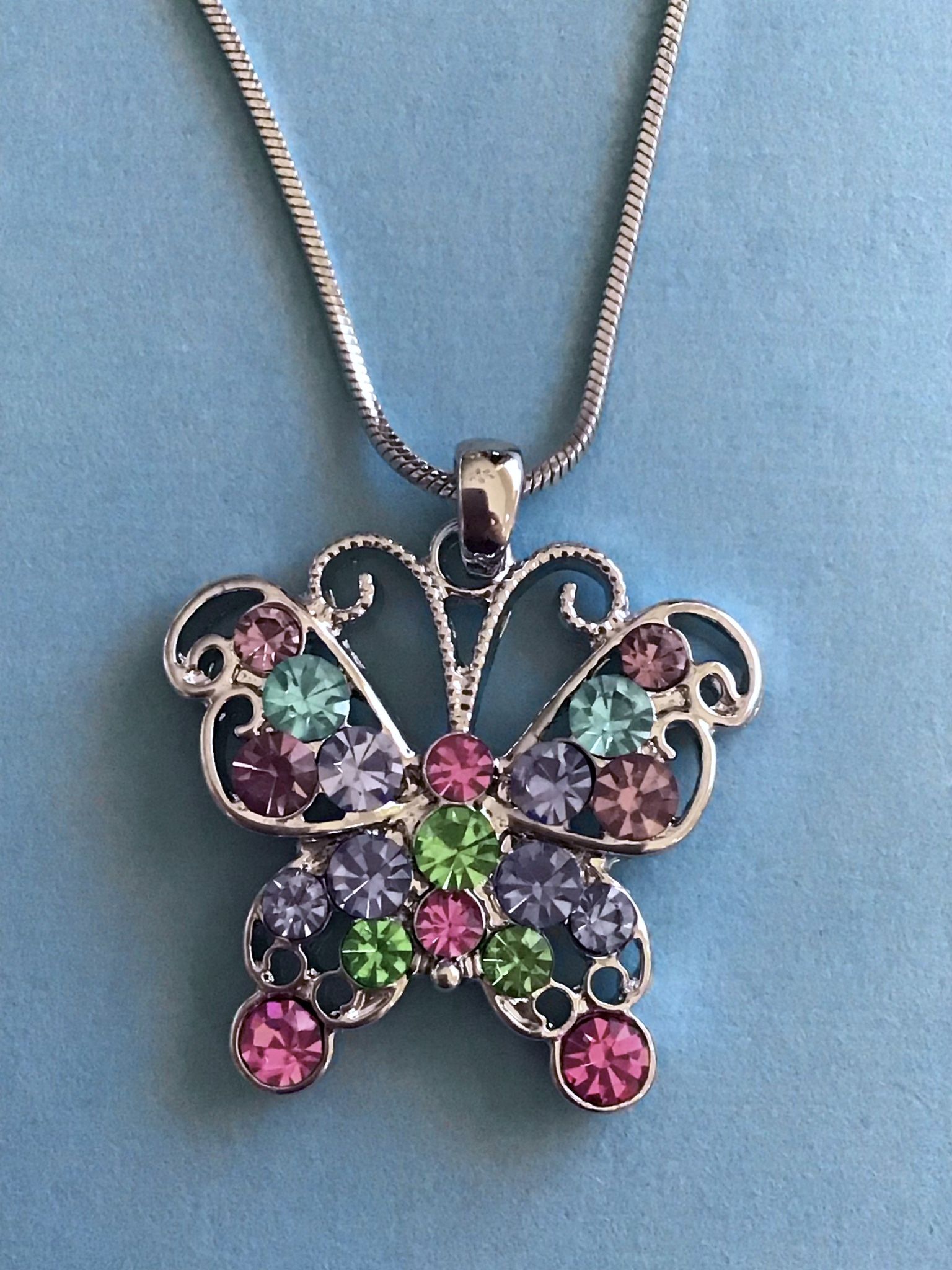  Multicolor Crystal Butterfly Necklace  On Snake Chain *Ship Nationwide Or Pickup Boca Raton