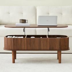Assembled Fluted Lift Top Coffee Table with Hidden Compartment, Wooden Center Table, Modern Oval Lift Tabletop for Home Living Room Office, Walnut