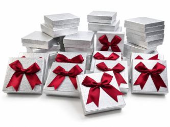89 Paper Mart Silver Linen Jewelry Boxes 3.5" x 3.5" x 1" + Burgundy Bows
