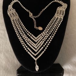 Beautiful Dazzling 7 Layered Rhinestone Necklace With Tear Drop Crystal Pendant/charm,by Icing