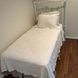 Vintage White Iron & Brass Ball Twin Bed - Frame / Mattress & Box Spring