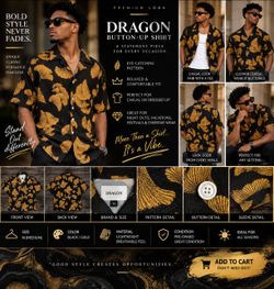 Men’s Black & Gold Statement Button-Up Shirt | Short Sleeve | Size M