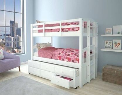Brand New White Twin/Twin Bunk Bed with Pullout Trundle and Storage Drawers