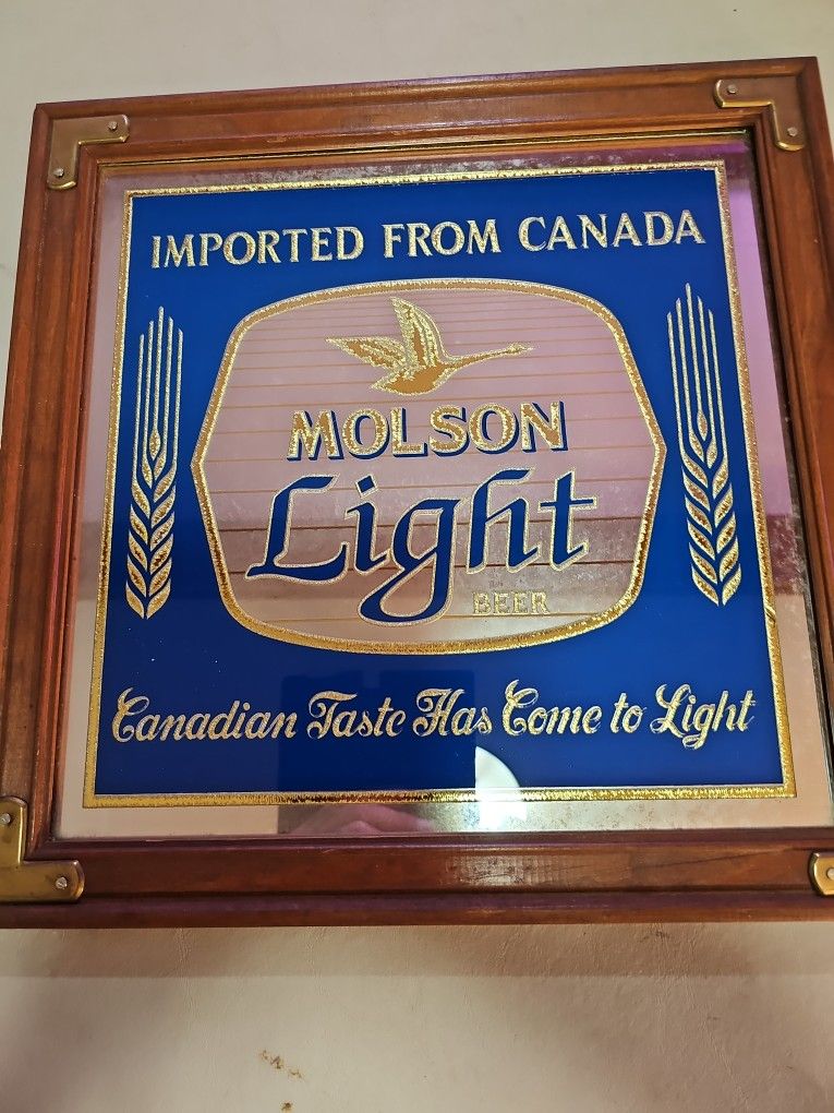 Vintage 80s Molson Light Beer Framed Mirror  15"x 15"